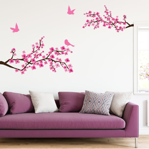 Stickers muraux | Sticker Mural Autocollant - 2 BRANCHES DE CERISIER JAPONAIS ET 3 OISEAUX - adhésifs fond transparent