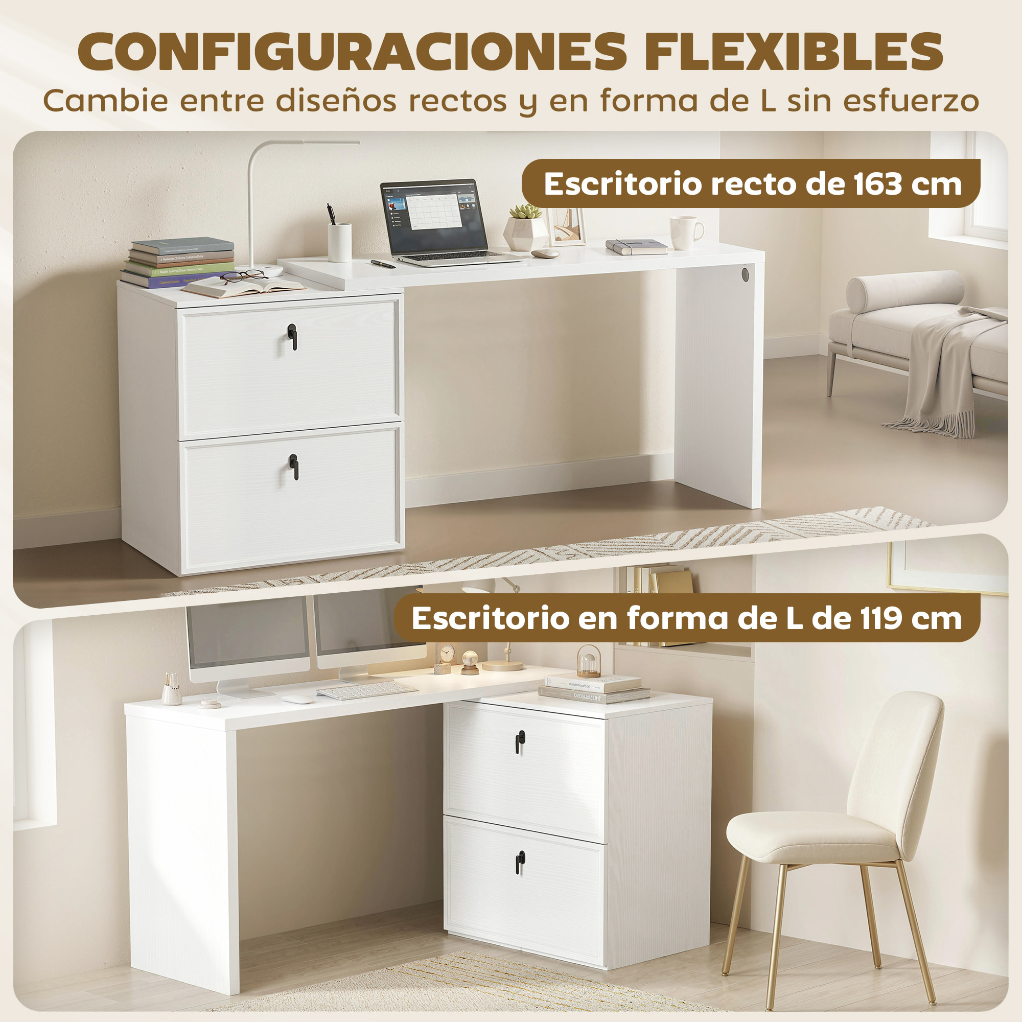 Escritorio Reversible en Forma de L, Mesa de Escritorio con 2 Cajones Archivadores, Diseño Moderno para Espacios Pequeños, Oficina en Casa, Blanco
