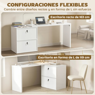 Escritorio Reversible en Forma de L, Mesa de Escritorio con 2 Cajones Archivadores, Diseño Moderno para Espacios Pequeños, Oficina en Casa, Blanco