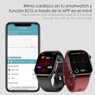 DAM Smartwatch ET580. ECG con banda para pecho, glucosa en sangre, ácido úrico y lípidos, IMC grasa corporal, temperatura, O2 y tensión. 5,3x1,1x4 Cm. Color: Negro