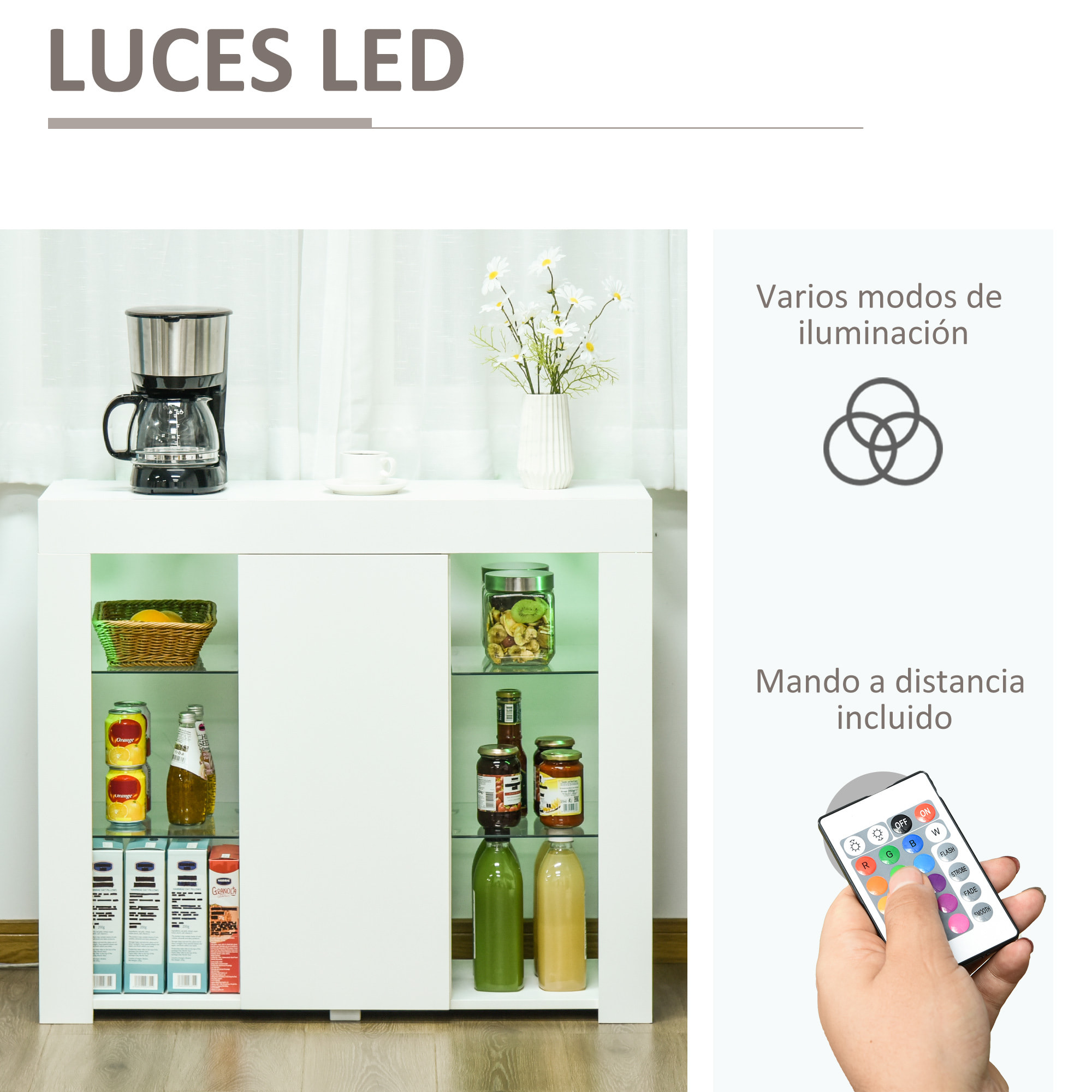 Aparador Moderno con Luces LED Mueble Buffet con 1 Puerta de Alto Brillo Cierre a Presión Estantes Ajustables y Control Remoto 97x35x83 cm Blanco