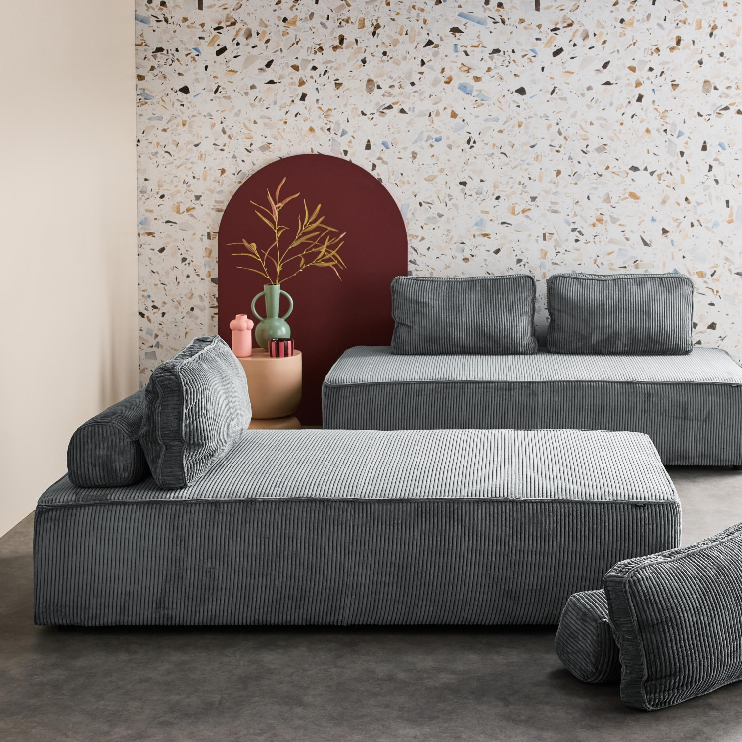 Lot de 2 chauffeuses LAO 2 places pour canapé modulable velours côtelé gris foncé. L 180 x P 90 x H 78cm