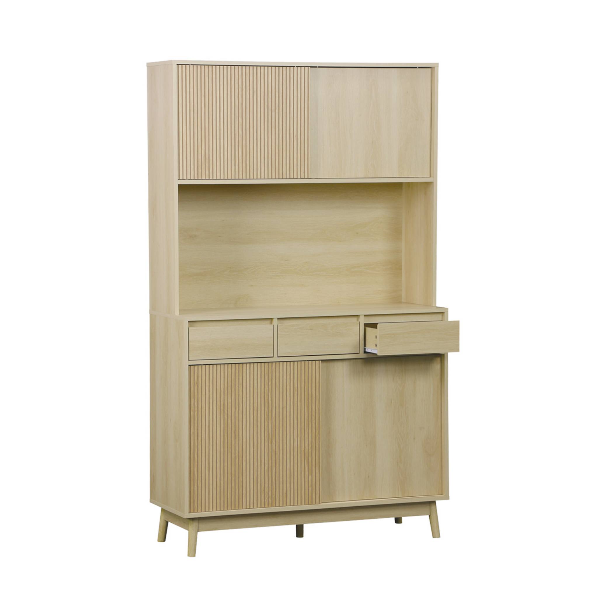 Buffet de cuisine LINEAR décor bois 4 portes 3 tiroirs 110 cm. Naturel. pieds en bois de pain revêtement papier