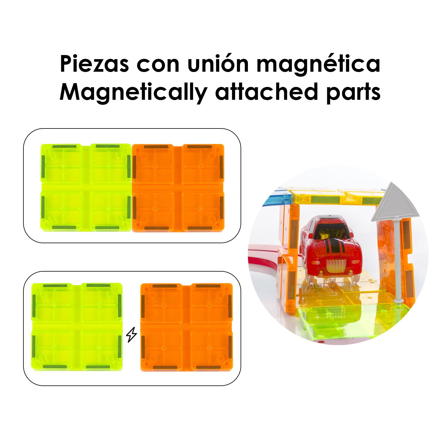 Pista para coches con piezas magnéticas. 37 piezas. Crea tus propios circuitos. Incluye cruce, puente y 1 coche.