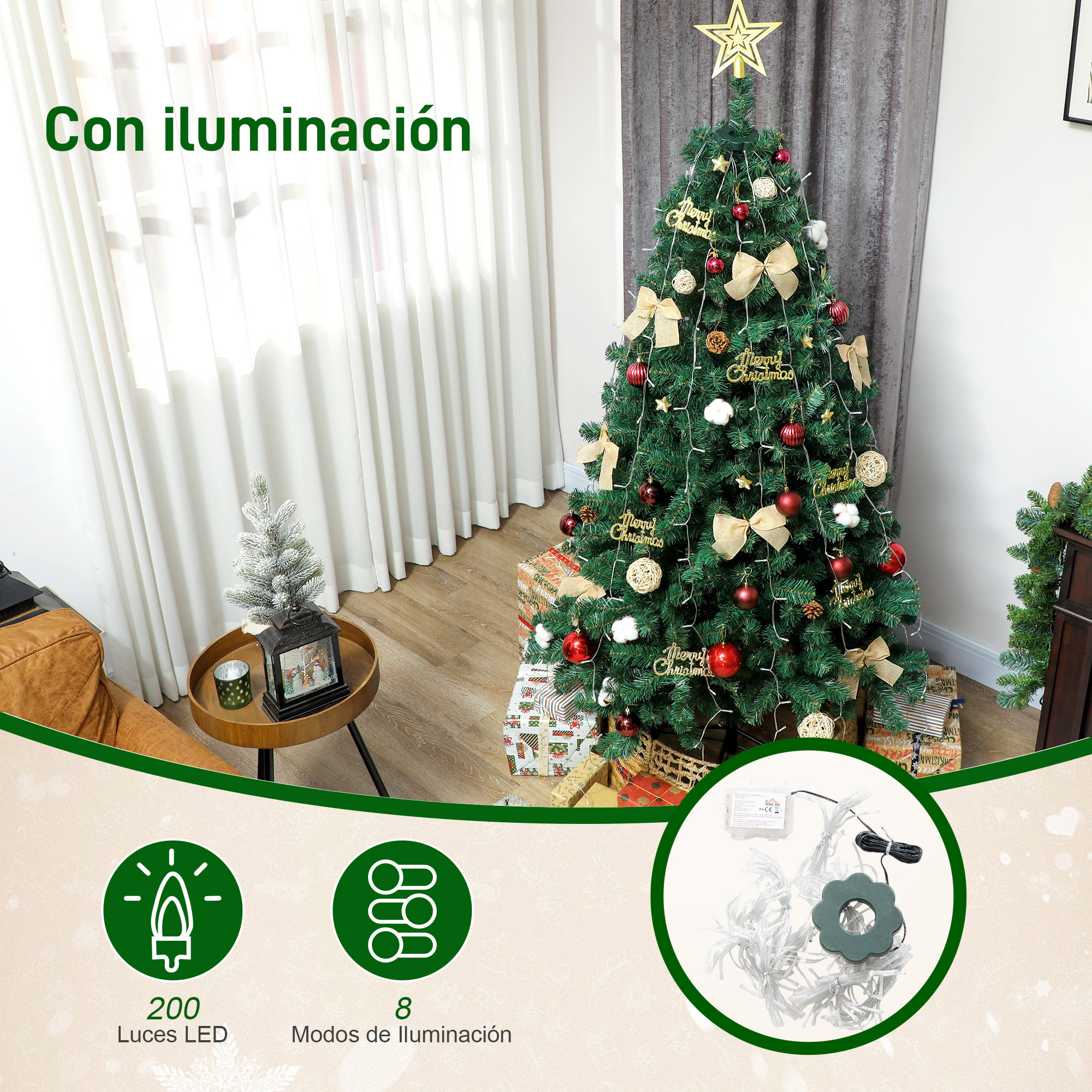 Árbol de Navidad 180 cm con Adornos, 200 Luces LED Blanco Cálido, Árbol de Navidad Decorado con 8 Modos de Iluminación, 650 Ramas, Soporte de Acero, Decoración para Hogar, Fiesta, Interior