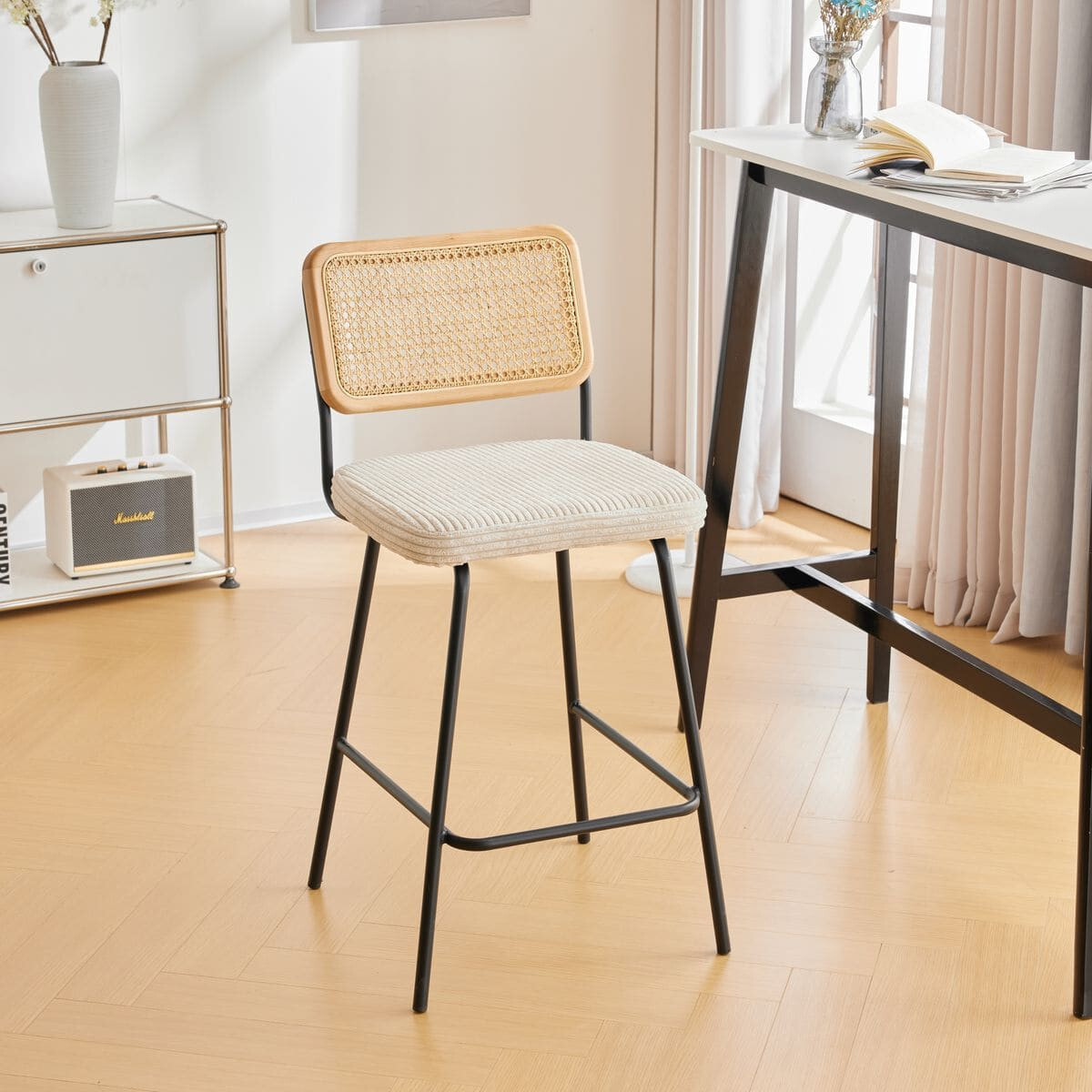 Lot de 2 chaises de bar en cannage et velours côtelé, piètement noir - MUSE