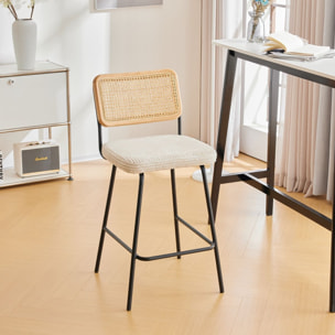 Lot de 2 chaises de bar en cannage et velours côtelé, piètement noir - MUSE