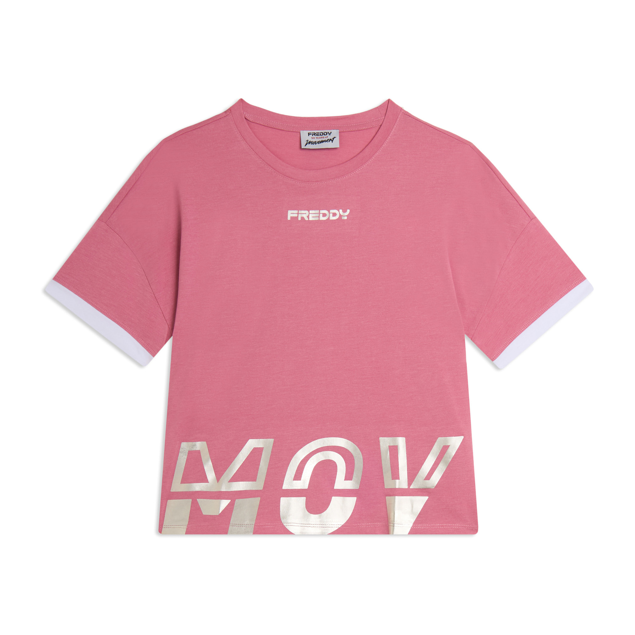 T-shirt con stampa MOV perlata e dettagli a contrasto