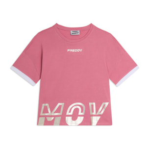 T-shirt con stampa MOV perlata e dettagli a contrasto