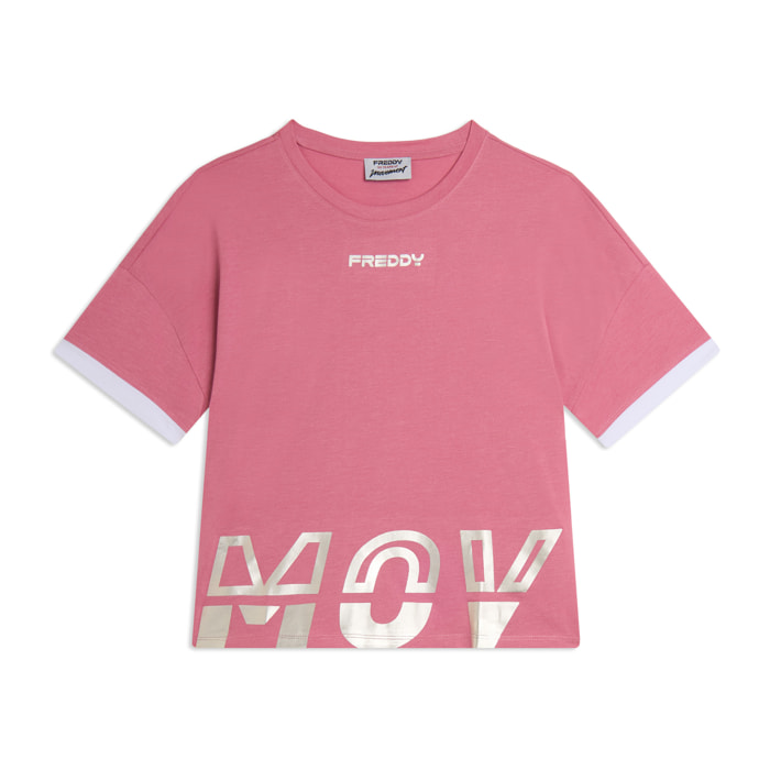 T-shirt con stampa MOV perlata e dettagli a contrasto