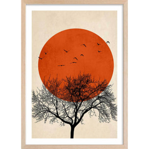 Affiche ""soleil rouge graphique"" Affiche + cadre en bois - Chêne