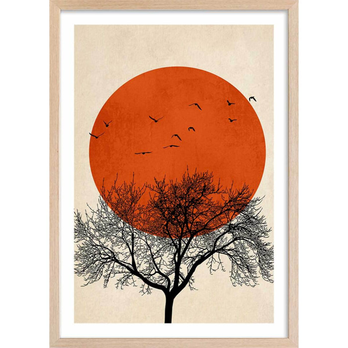 Affiche ""soleil rouge graphique"" Affiche + cadre en bois - Chêne