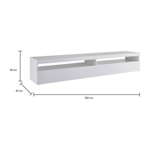 Mobile da soggiorno Porta TV, Made in Italy, Supporto per TV a 1 anta a ribalta e ripiani, cm 200x45h36, colore Bianco lucido, con luce LED bianca