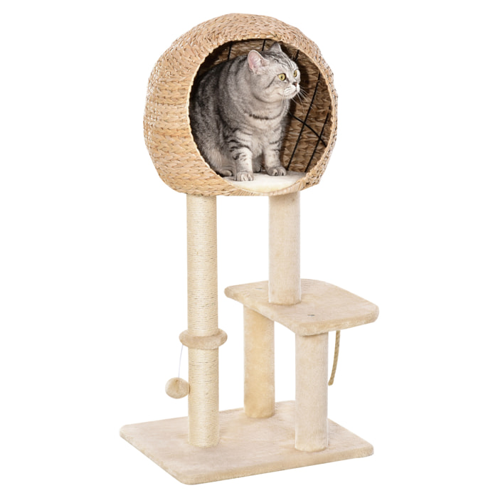 Árbol Rascador de Gatos Caseta Bola y Cuerda de Juego Poste de Sisal 48x40x100cm