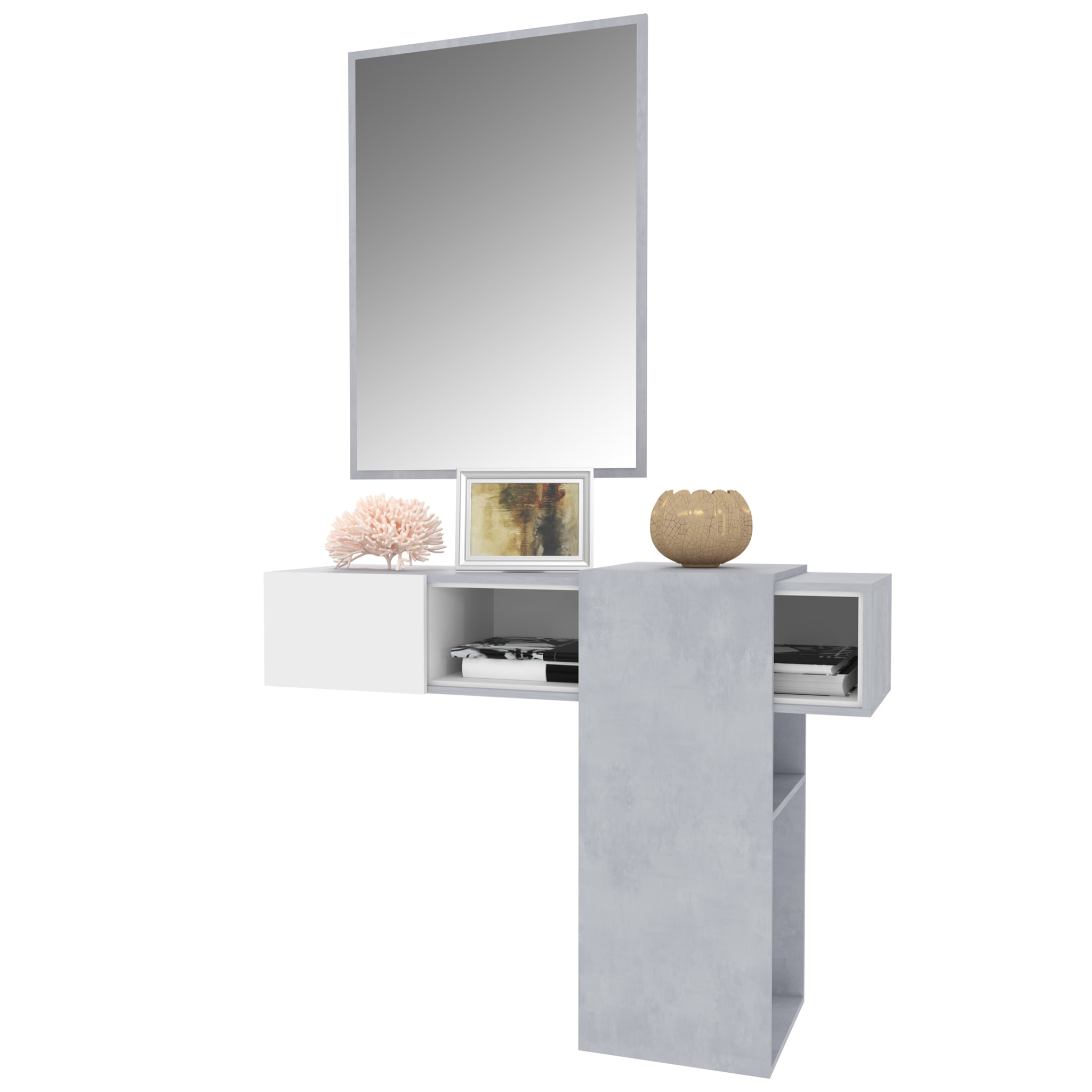 Mobile Danzica Mobiletto da Ingresso Mensola Sospesa con Specchio E Ripiani Scorrevole Arredo Arredamento Sala 100 x 31.5 x 75 cm Bianco e Cemento