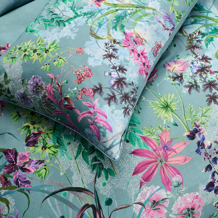 Lot de 2 taies satin de coton 90 fils/cm² 115 g/m² imprimé bleu violet Ombres boisees givre