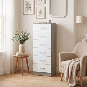 Cómoda de 6 Cajones, Cajonera para Dormitorio Alta y Estrecha, Sinfonier para Salón, Vestidor, Entrada, 40x40x110 cm, Gris Claro y Blanco