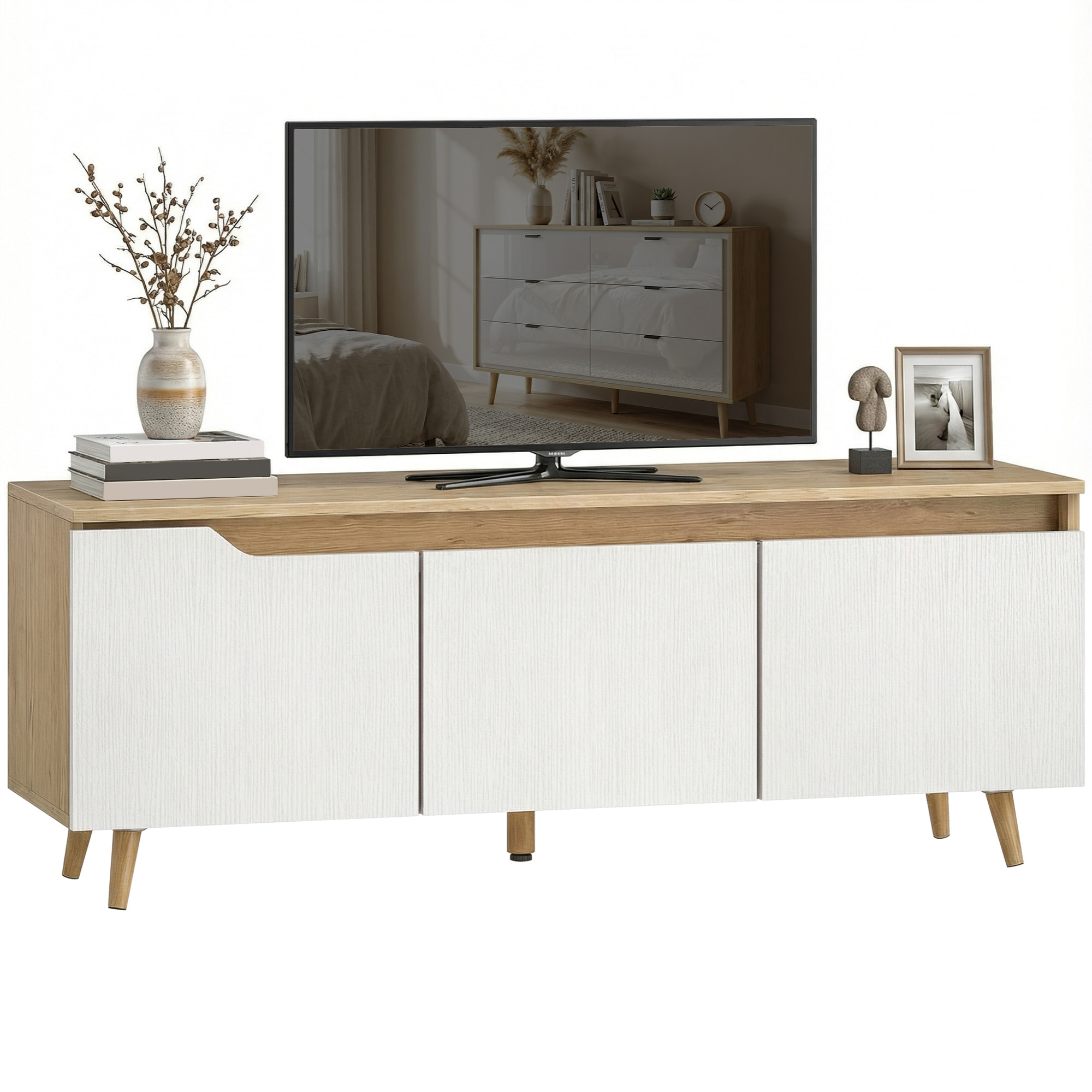 Mueble de TV, Mesa de TV para Salón, con 3 Puertas, para Televisión de 55 Pulgadas, Estilo Moderno, 120x35x45,5 cm, Roble y Blanco