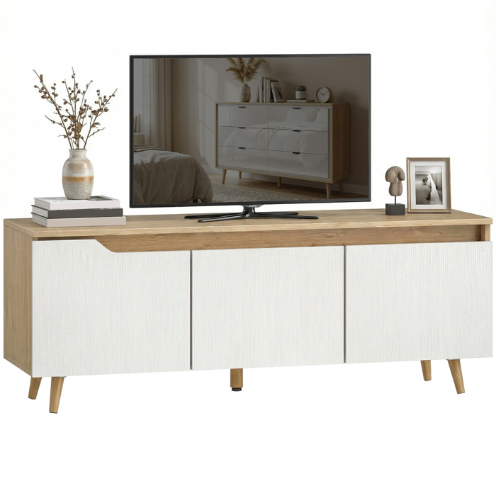 Mueble de TV, Mesa de TV para Salón, con 3 Puertas, para Televisión de 55 Pulgadas, Estilo Moderno, 120x35x45,5 cm, Roble y Blanco