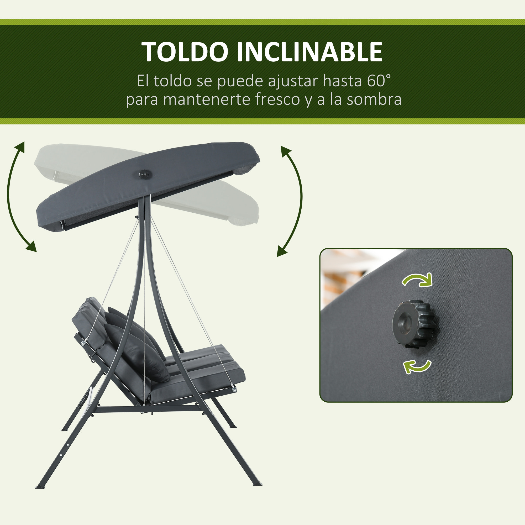 Columpio de Jardín de 3 Plazas Balancín para Exterior con Toldo Ajustable 3 Cojines y Marco de Acero para Terraza Patio Balcón Carga 320 kg 202x115x168 cm Gris
