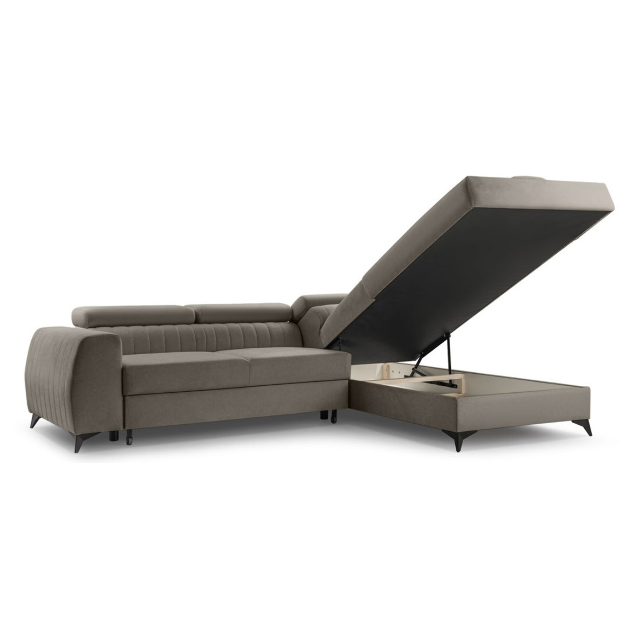 Aneta - canapé d'angle droit 5 places - convertible avec coffre et têtières - en velours - Taupe