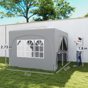 Carpa Plegable 3x3 m, Pop-up, Cenador Pabellón de Jardín con Altura Ajustable de 3 Niveles, 4 Paredes Laterales, Ventanas y Bolsa Transporte, UPF50+, Impermeable para Fiestas, Exterior, Gris