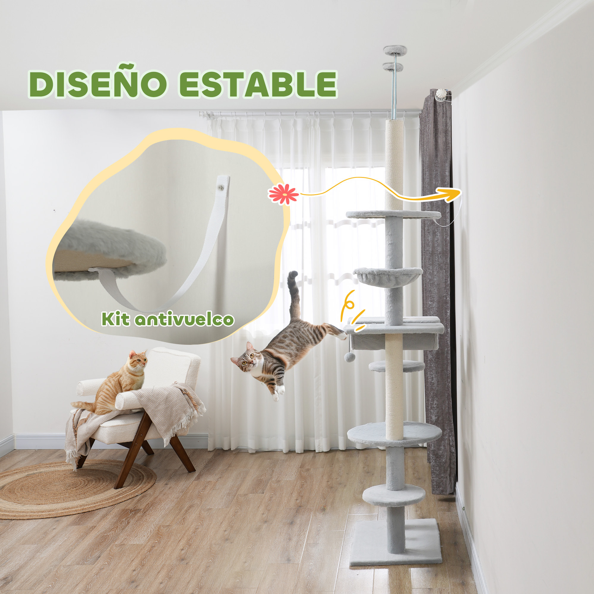 Árbol para Gatos de Suelo a Techo 225-255 cm Árbol Rascador para Gatos de 7 Niveles Torre para Gatos con Hamacas Plataformas Juguete de Cuerda Bola de Juguete Gris