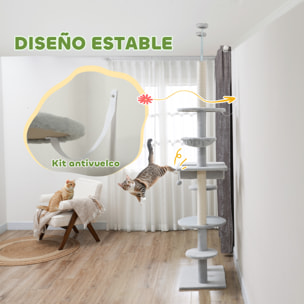 Árbol para Gatos de Suelo a Techo 225-255 cm Árbol Rascador para Gatos de 7 Niveles Torre para Gatos con Hamacas Plataformas Juguete de Cuerda Bola de Juguete Gris