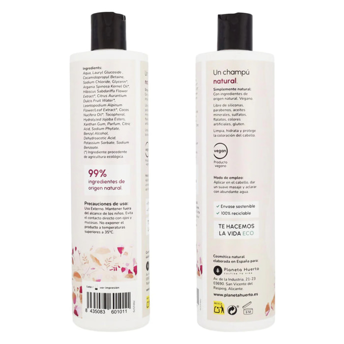 Pack Flor de Hibisco: Champú potenciador de brillo 500 ml + Gel de ducha 500 ml + Acondicionador recuperador de brillo 200 ml Planeta Huerto