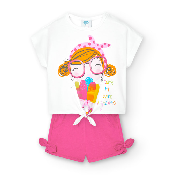 Conjunto niña, algodón estampado, mangas cortas, blanco