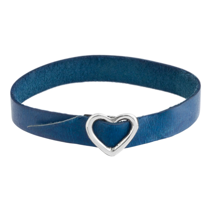 Pulsera piel azul hebilla corazón chapado plata