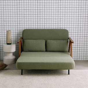 Banquette canapé convertible 2 places bois d'hévéa teinté noyer clair et bouclette texturée SVEN