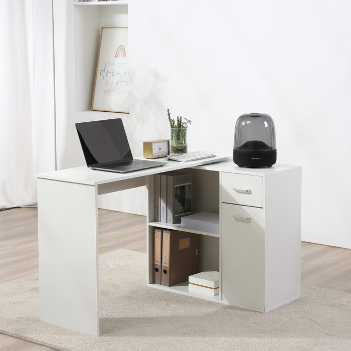 Bureau d'angle ou droit modulable bibliothèque tiroir une porte blanc