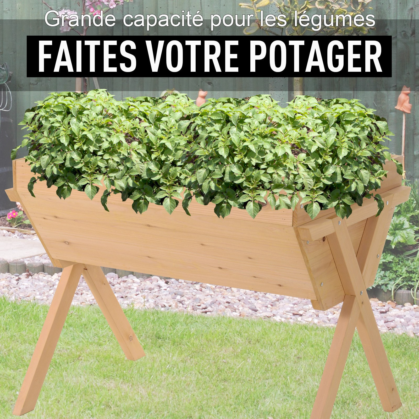 Jardinière sur pieds potager dim. 100L x 70l x 80H cm insert d'irrigation + feutre de drainage inclus bois massif sapin