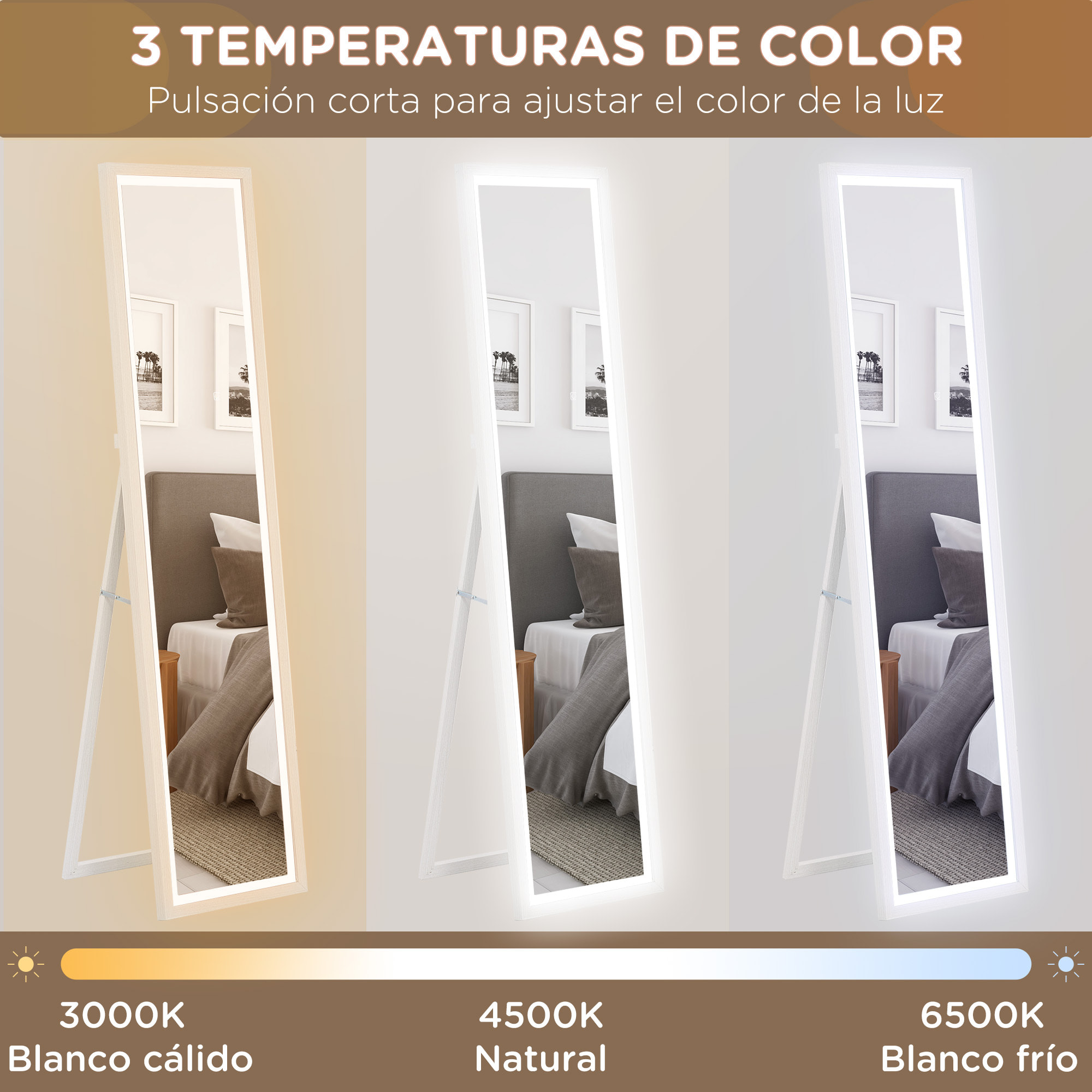 Espejo de Cuerpo Entero con Luz LED 160x40 cm Espejo de Pie o de Pared con Iluminación de 3 Colores Táctil Inteligente Función de Memoria y Soporte para Salón Dormitorio Blanco