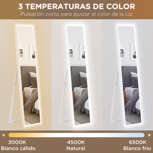 Espejo de Cuerpo Entero con Luz LED 160x40 cm Espejo de Pie o de Pared con Iluminación de 3 Colores Táctil Inteligente Función de Memoria y Soporte para Salón Dormitorio Blanco