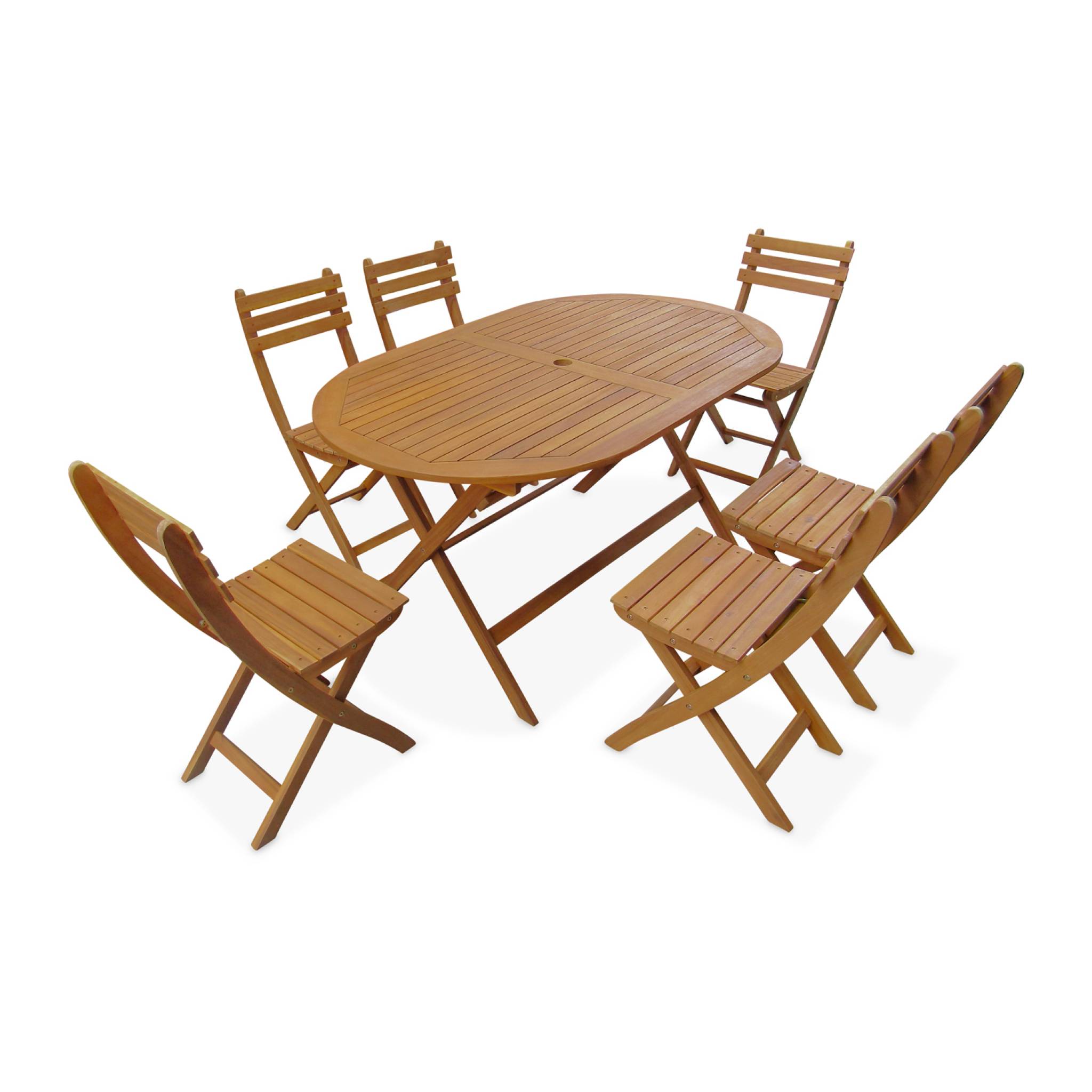 Table de jardin pliante bois d'acacia + 6 assises 150cm en bois d'acacia déjà huilé. forme ovale avec 6 chaises pliables