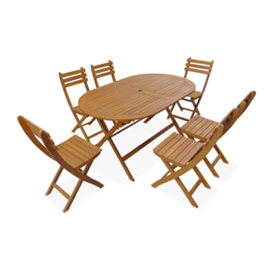 Table de jardin pliante bois d'acacia + 6 assises 150cm en bois d'acacia déjà huilé. forme ovale avec 6 chaises pliables