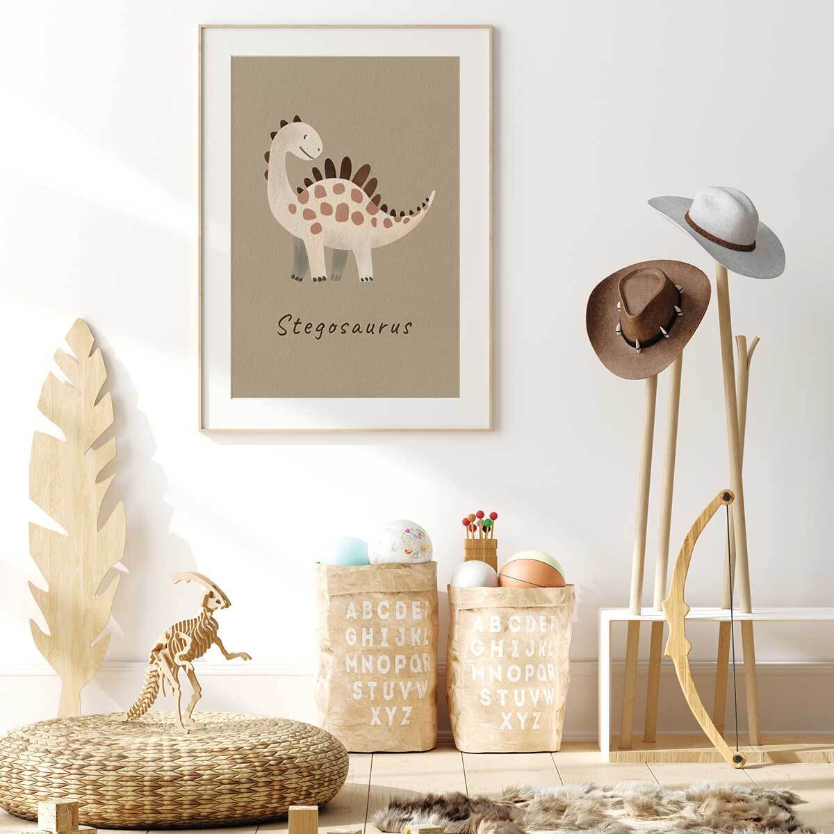 Affiche enfant stegosaurus  Affiche + cadre en bois - Chêne