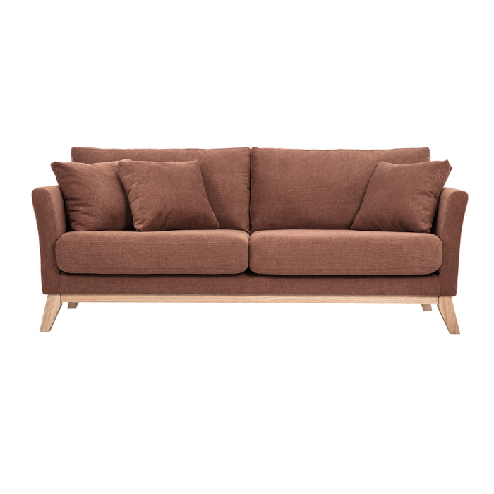 Canapé scandinave déhoussable 3 places en tissu chenille terre brûlée et bois clair OSLO