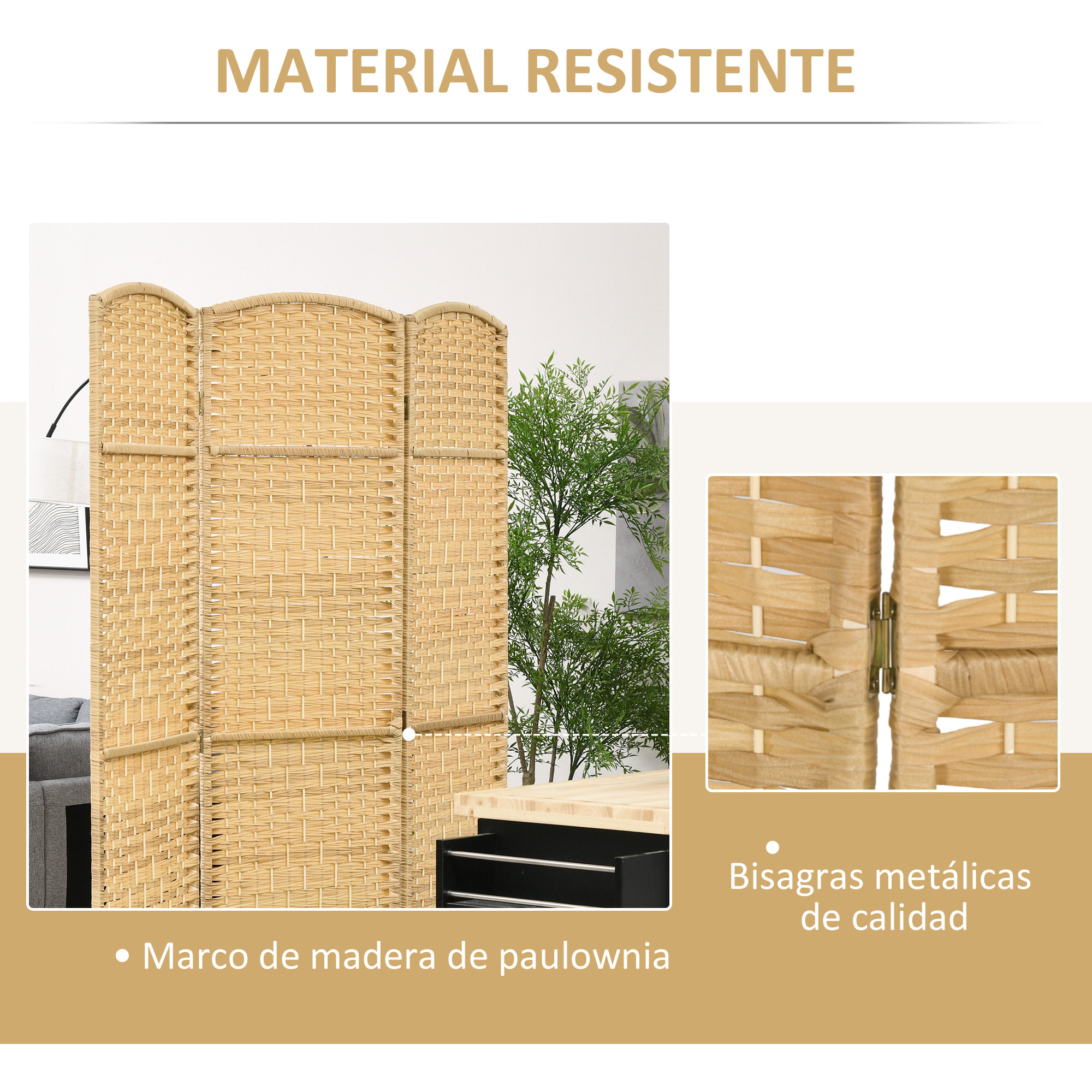 Biombo Plegable de 3 Paneles 135x180 cm Biombo Separador de Ambientes Pantalla de Privacidad de Polipropileno para Oficina Dormitorio Natural