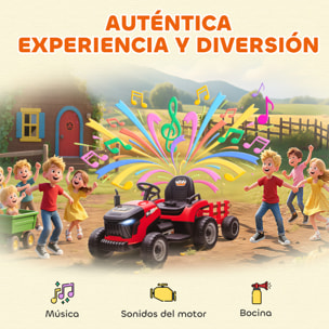 Tractor Eléctrico para Niños con Remolque Desmontable, Tractor de Juguete de Batería 12V, Velocidad 3-5 km/h, Control Remoto 2,4G, Música, Bocina, para Niños de 3-8 Años, Rojo