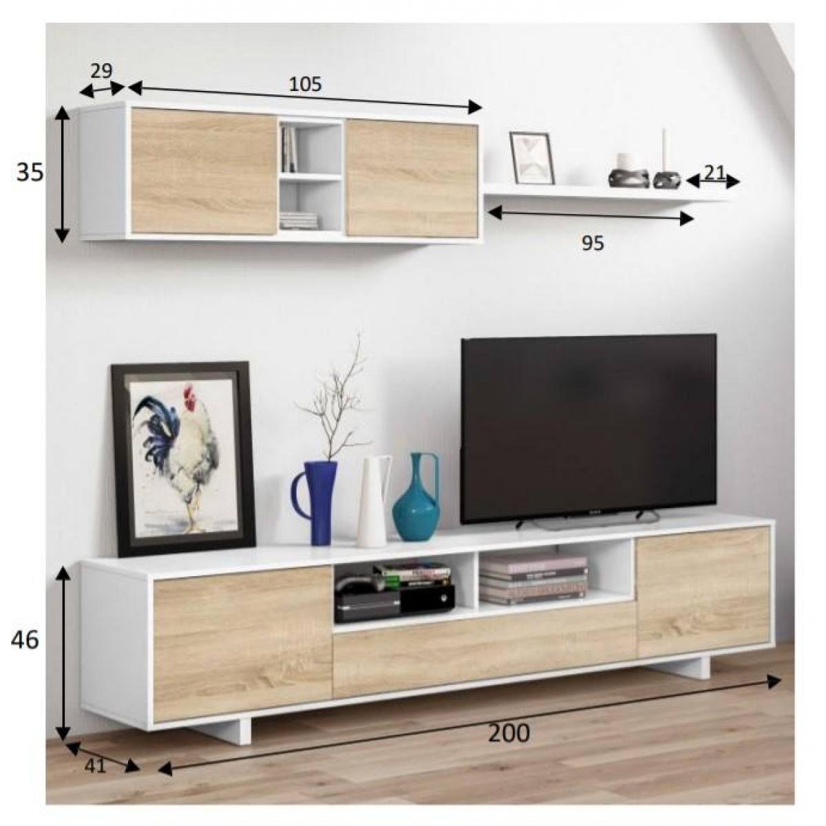 Parete attrezzata Hartford, Mobile da soggiorno porta TV, Composizione set salotto, Set salotto con pensile, cm 260x41h46, Bianco lucido e Rovere