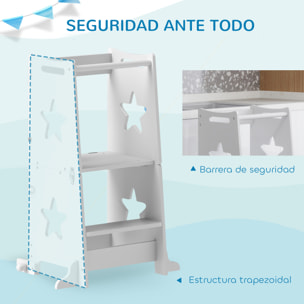 Torre de Aprendizaje 2 en 1 Taburete de Aprendizaje para Niños de +3 Años Convertible en Mesa y Silla con Barra de Seguridad 60x44,5x86 cm Blanco