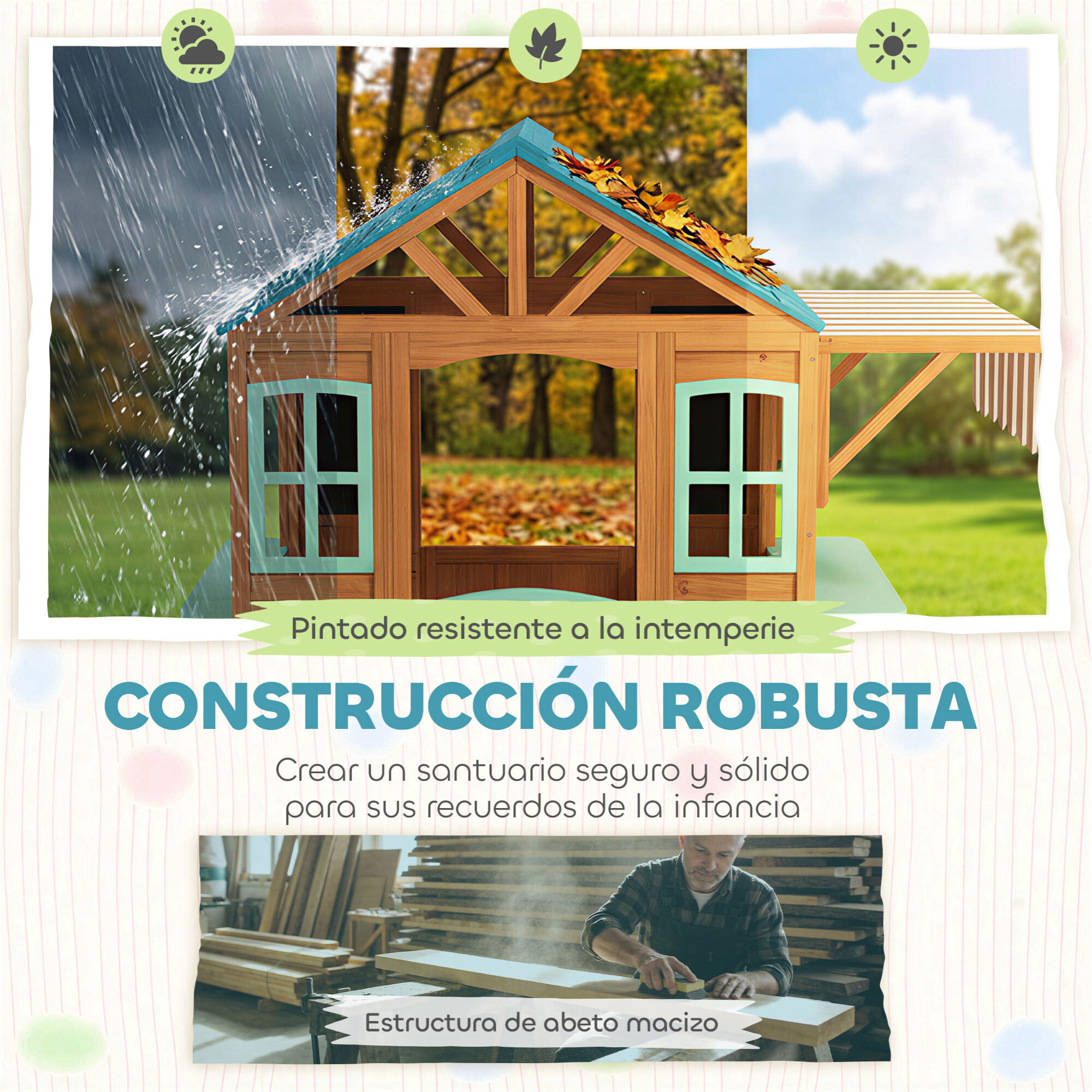 Casita Infantil Exterior e Interior de Madera, Casita Infantil con Barra de Snack, Maceteros, Pizarra, Ventanas, Tela para Tiro y 4 Pelotas, Casa de Jardín para Niños de 3-6 Años, Multicolor