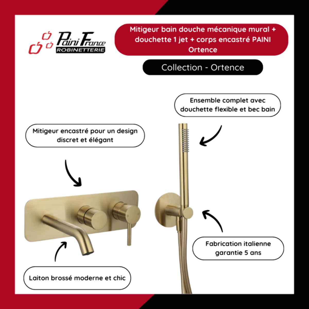 Mitigeur bain douche mécanique mural + douchette 1 jet + corps encastré PAINI Ortence laiton brossé