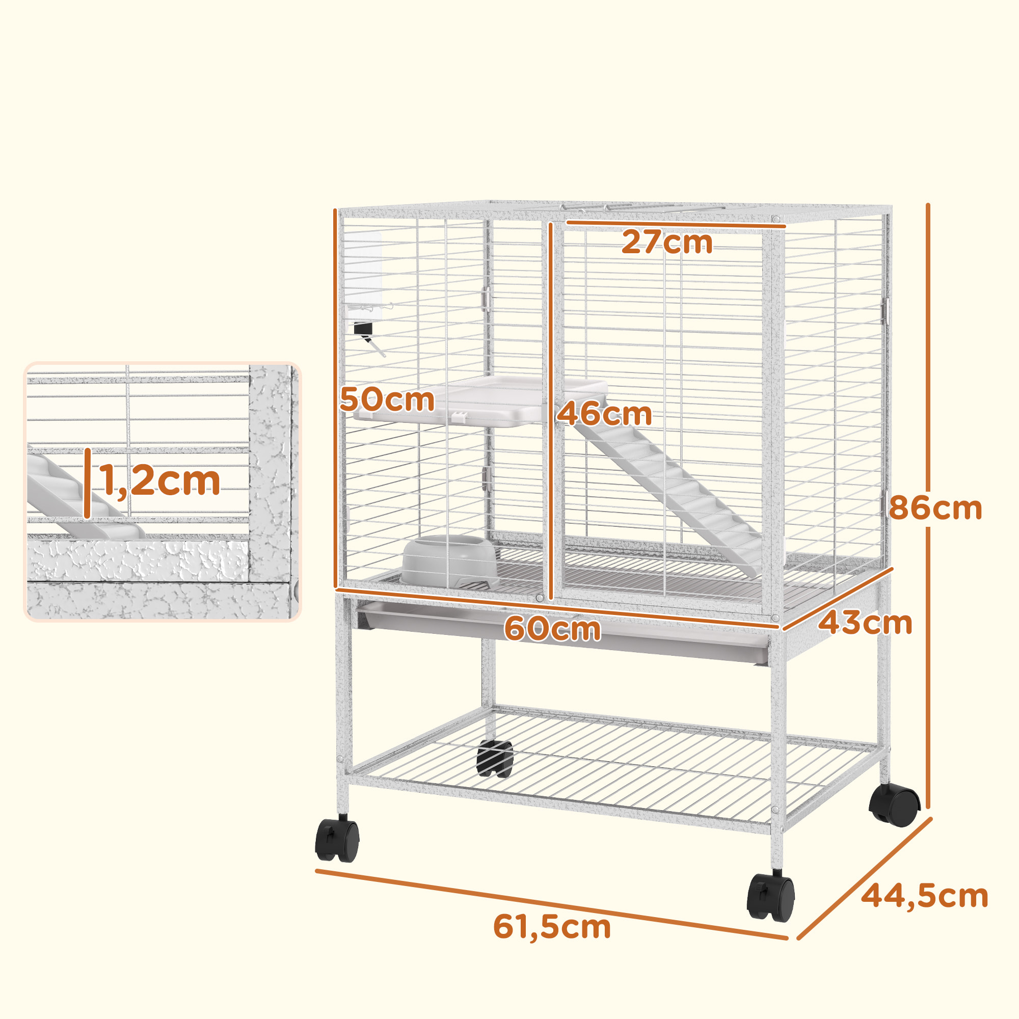 Cage pour rongeurs furet chinchilla plateforme rampe 2 portes biberon gamelle plateau étagère acier gris clair