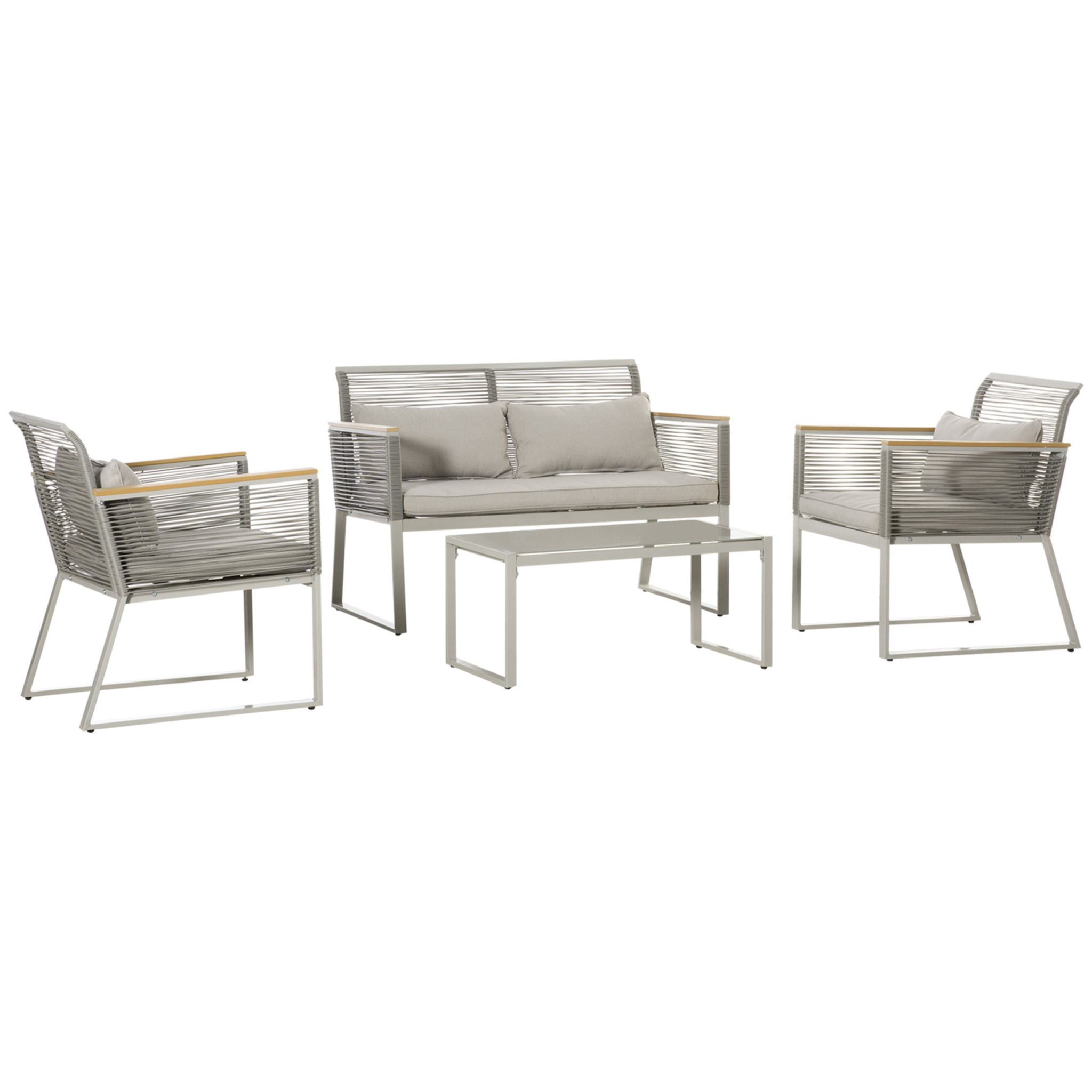 Conjunto de Muebles de Jardín de Ratán 4 Piezas Sofá Doble 2 Sillones Individuales y Mesa de Café de Vidrio con Cojines Desenfundables para Exterior Terraza Gris
