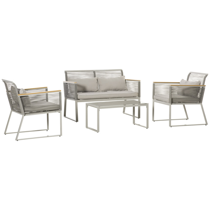 Conjunto de Muebles de Jardín de Ratán 4 Piezas Sofá Doble 2 Sillones Individuales y Mesa de Café de Vidrio con Cojines Desenfundables para Exterior Terraza Gris