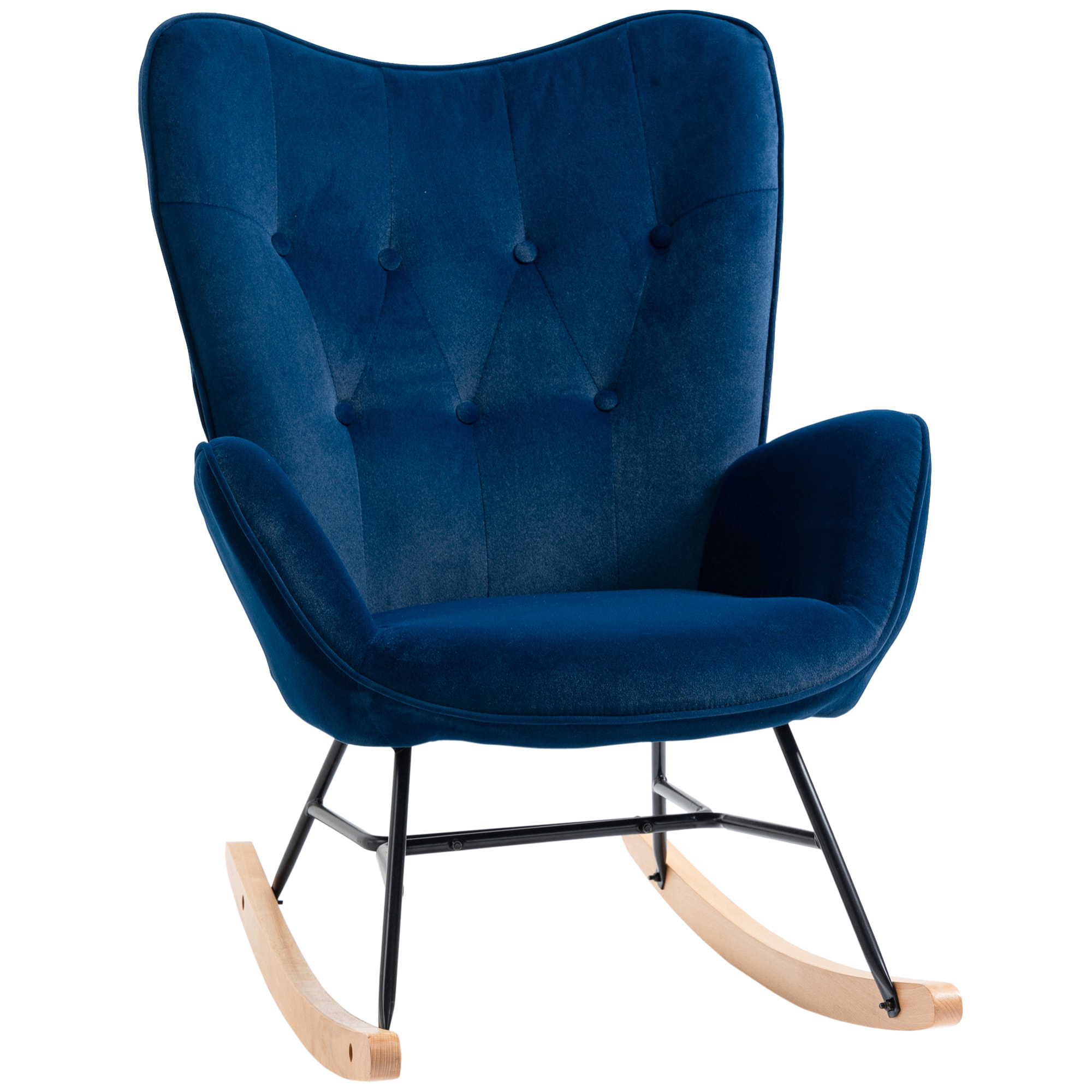 Fauteuil à bascule oreilles rocking chair grand confort accoudoirs assise dossier garnissage mousse haute densité aspect velours bleu